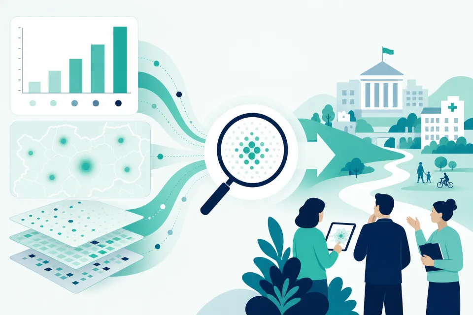 Stylised illustration of charts, a map hotspot, and a magnifying glass revealing clearer insight