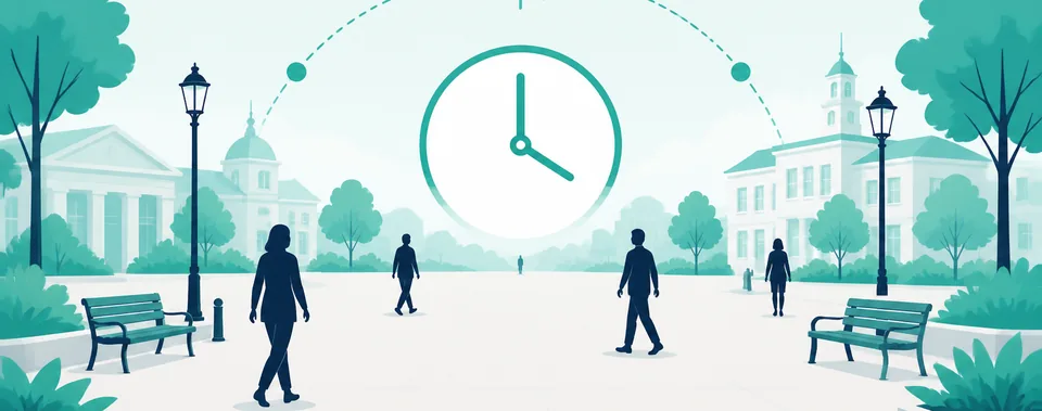 Stylised illustration of a public square with a clock and a day-to-night arc