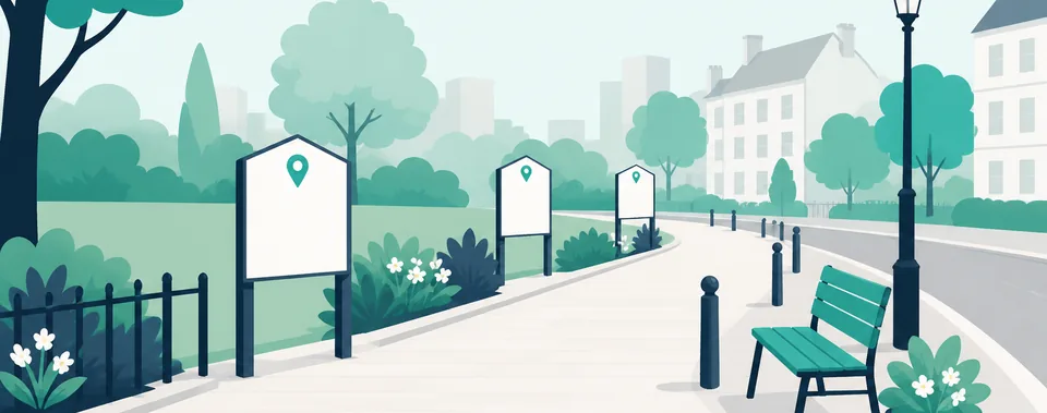 Stylised illustration of someone choosing a nearby place label in a calm neighbourhood