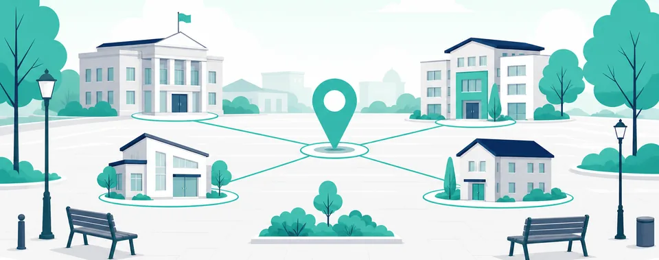 Stylised illustration of civic buildings connected to a map pin as reporting to authorities