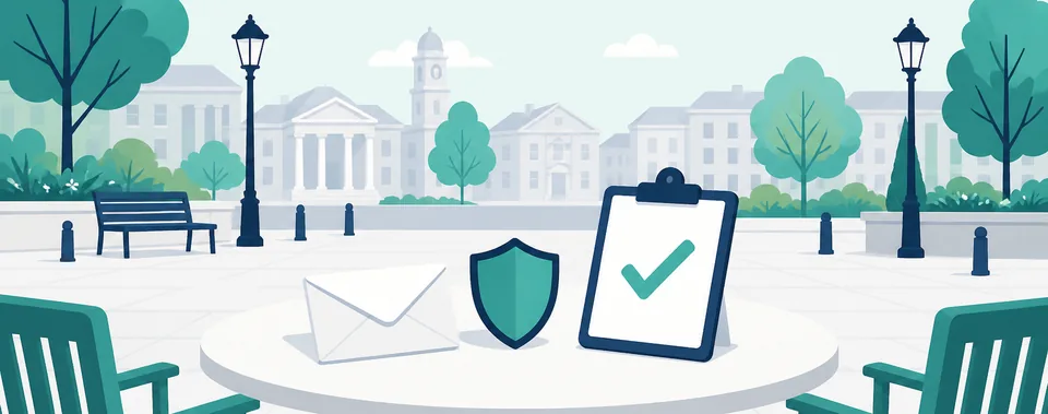 Stylised illustration of someone confirming a report at an outdoor civic table