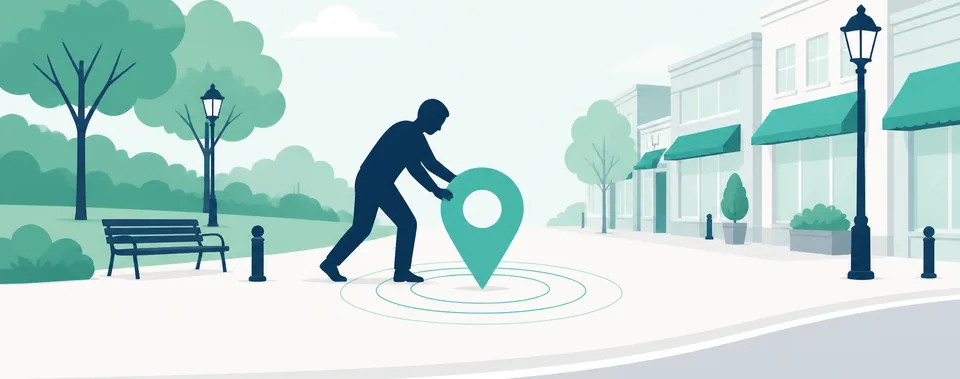 Stylised illustration of someone placing a map pin on a calm neighbourhood street