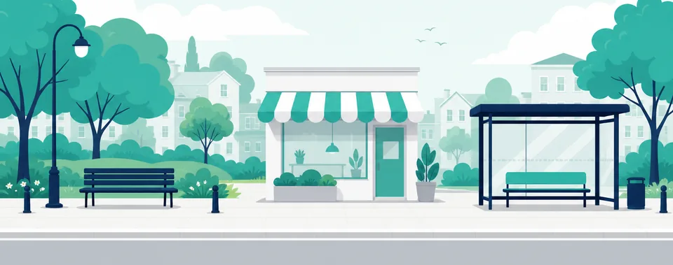 Stylised illustration of a park, shop, and bus stop as kinds of public place