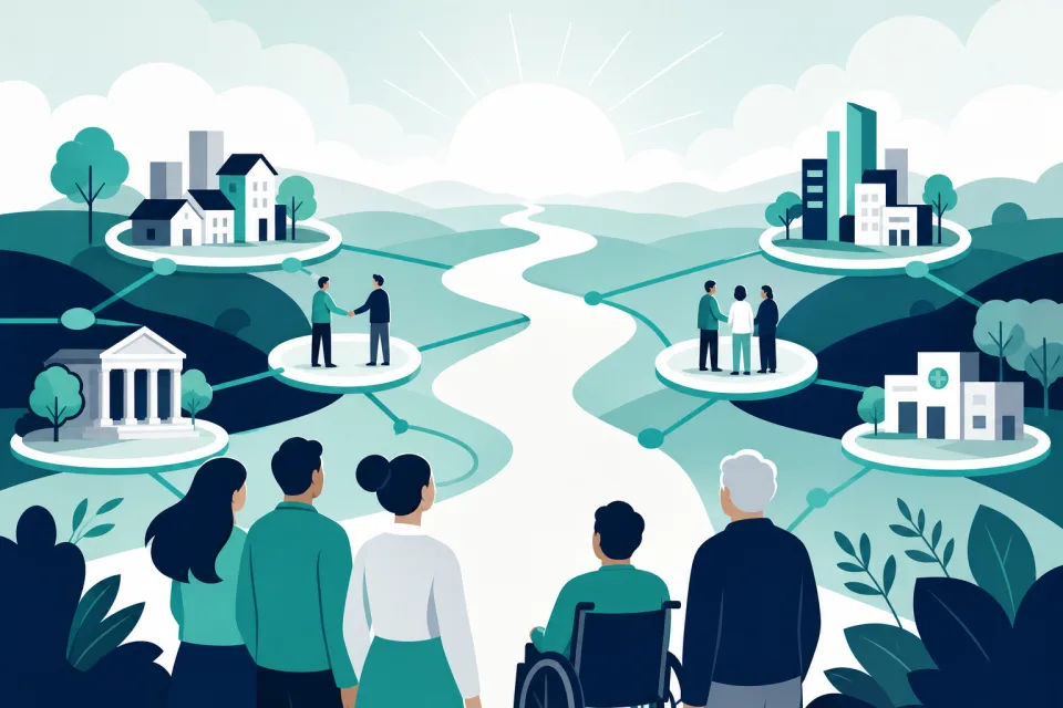 Stylised illustration of a shared path toward the horizon with connected partnership nodes, suggesting a longer journey ahead