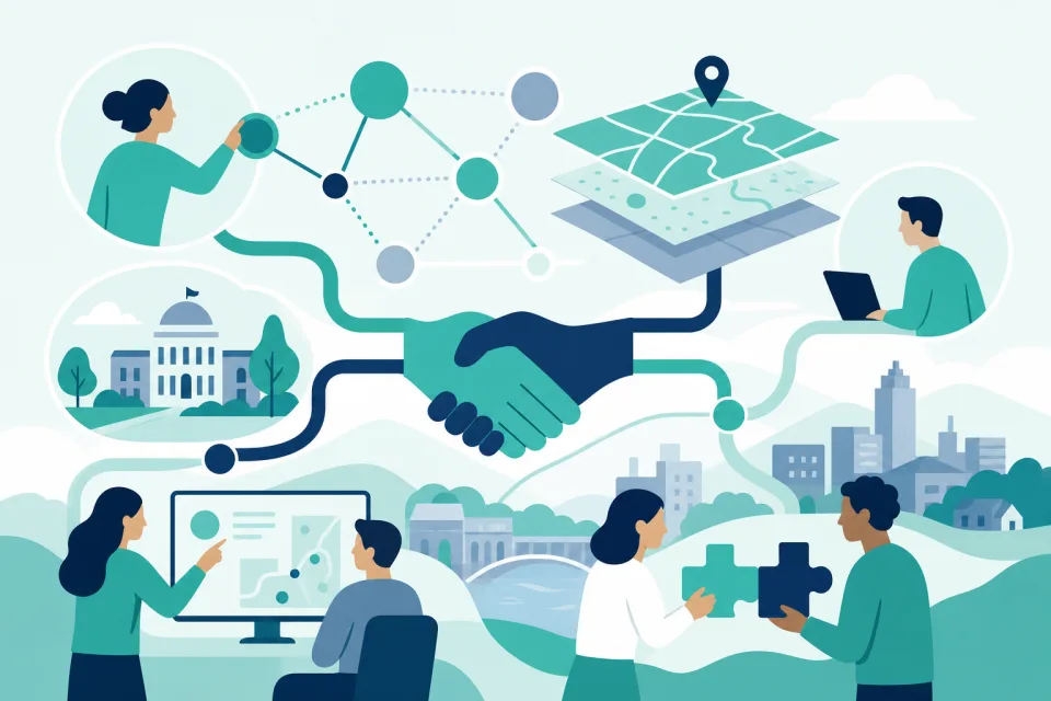 Stylised illustration of connected partnership pathways linking organisations, systems, and a shared map