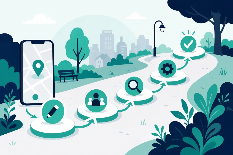 Stylised illustration of a path of connected steps through a public space, with a phone showing a map pin