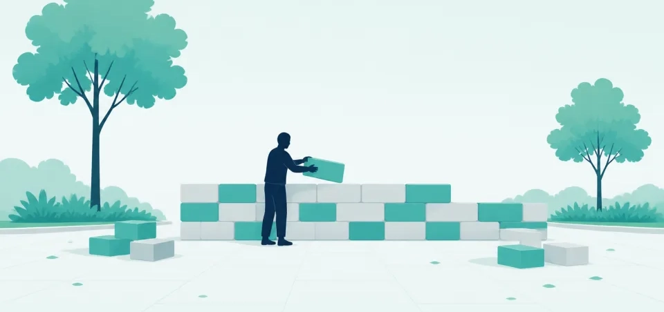 Stylised illustration of a person building a low wall in a quiet park