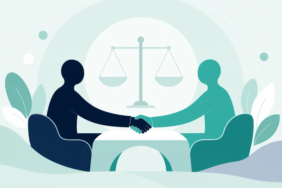 Stylised illustration of two people meeting at a table with balanced scales, suggesting mediation and proportionate resolution
