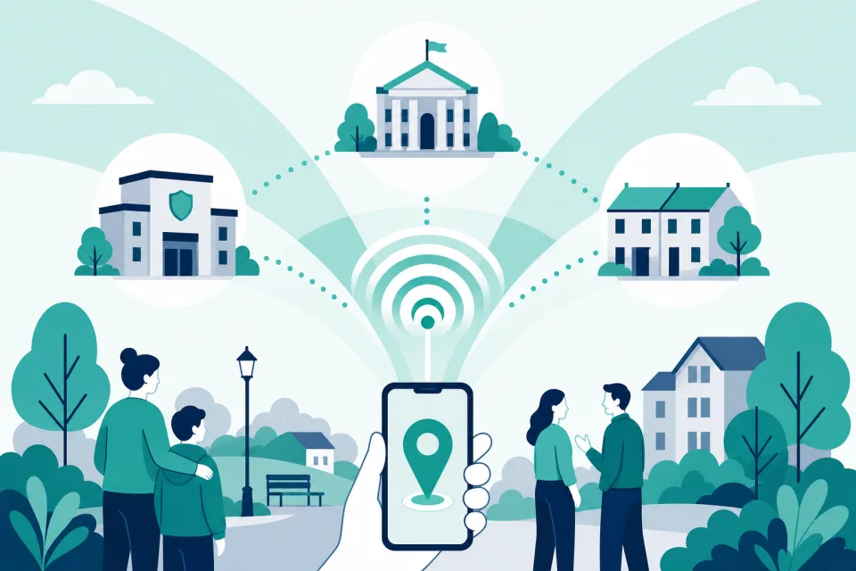 Stylised illustration of a phone sending a clear signal to connected civic organisations