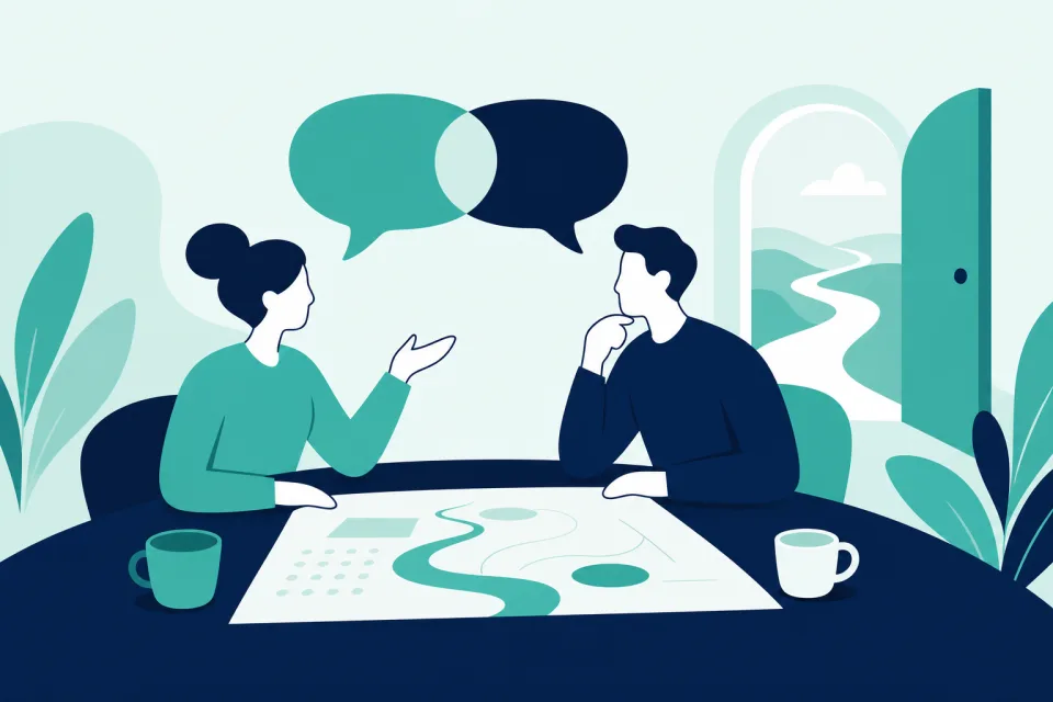 Stylised illustration of an open partnership conversation over shared plans