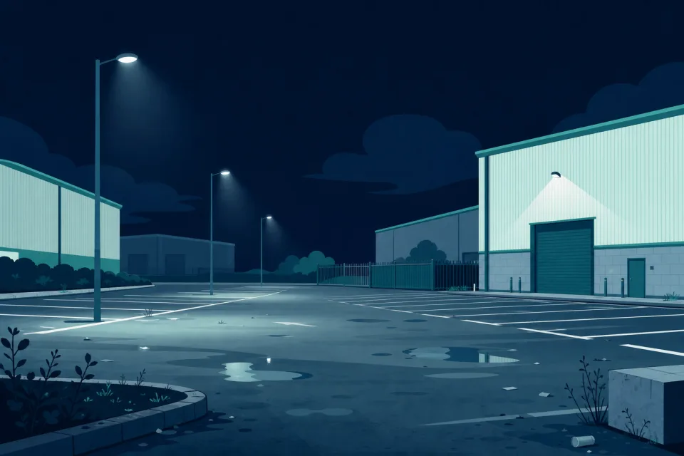 Stylised illustration of a quiet car park beside industrial buildings