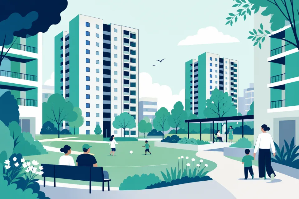 Stylised illustration of tower blocks and a housing estate courtyard
