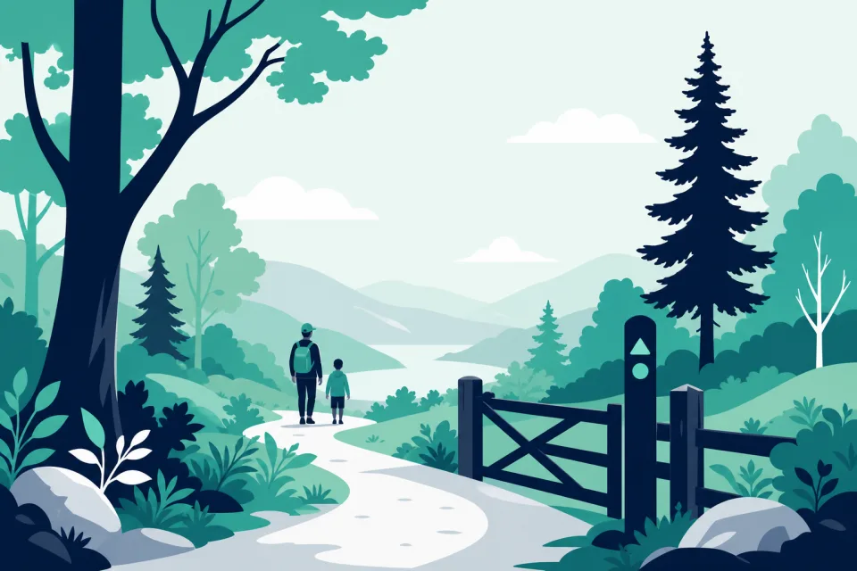Stylised illustration of a woodland path through national park or forestry land