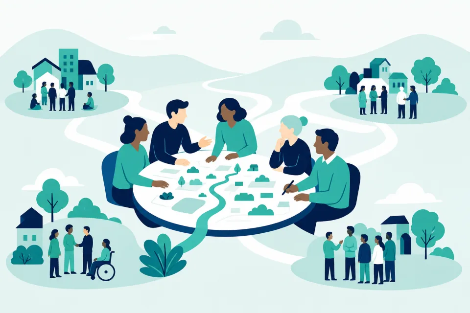 Stylised illustration of partners collaborating and sharing effective practice
