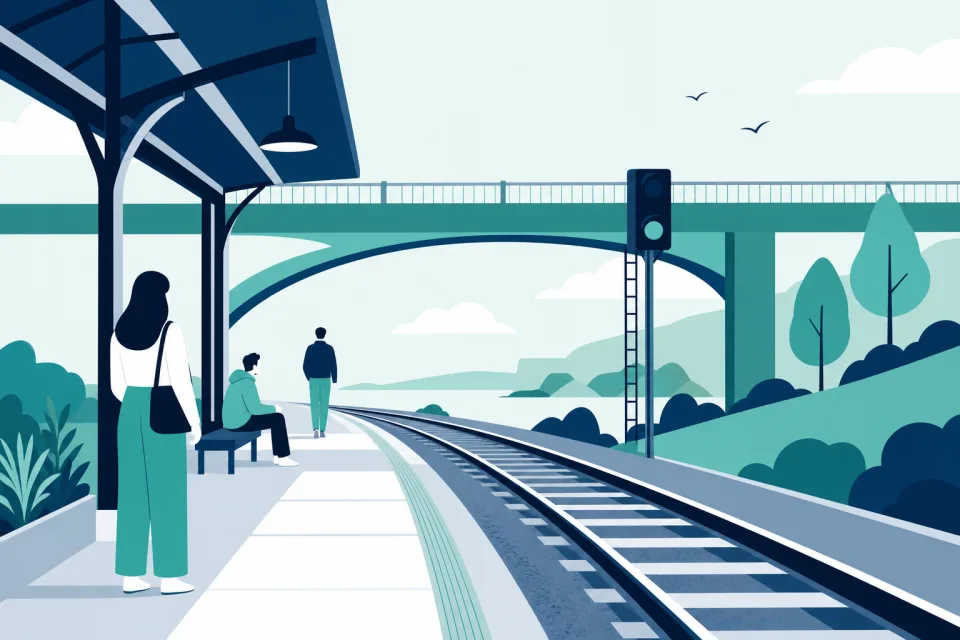 Stylised illustration of a railway station platform and infrastructure