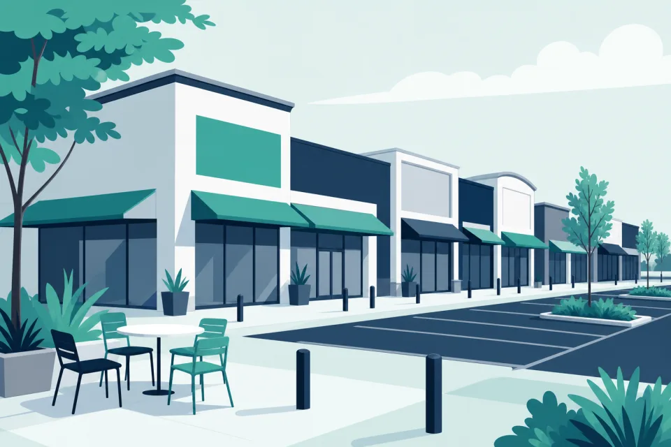Stylised illustration of a retail parade and outdoor commercial frontage
